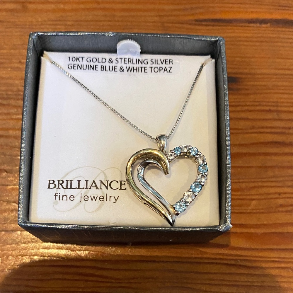 10 KT Sterling Silver Heart Pendant Necklace with Blue and White Topaz
